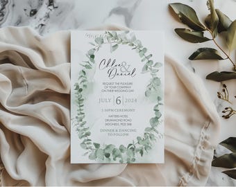 Eucalyptus Greenery Wedding Invitations, Botanical, Daytime Invite, Evening Invite, Digital File Ready To Print, A6