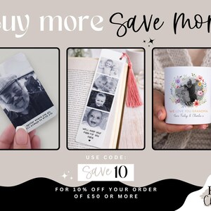 May include: Promotional image featuring personalized gifts. Includes a bookmark with photos, a mug with a floral design, and a photo card. Text reads "Buy more Save more" and "Save 10".