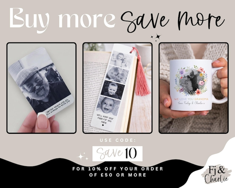 May include: Promotional image featuring personalized gifts. Includes a bookmark with photos, a mug with a floral design, and a photo card. Text reads "Buy more Save more" and "Save 10".