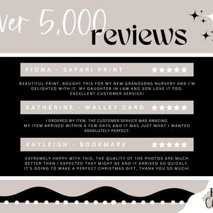 May include: A graphic design featuring customer reviews. The text reads "over 5,000 reviews" in a stylized font. Below are three customer testimonials with product names and star ratings. The logo "Fj & Charlie" is in the bottom right corner.