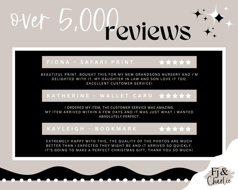 May include: A graphic design featuring customer reviews. The text reads "over 5,000 reviews" in a stylized font. Below are three customer testimonials with product names and star ratings. The logo "Fj & Charlie" is in the bottom right corner.