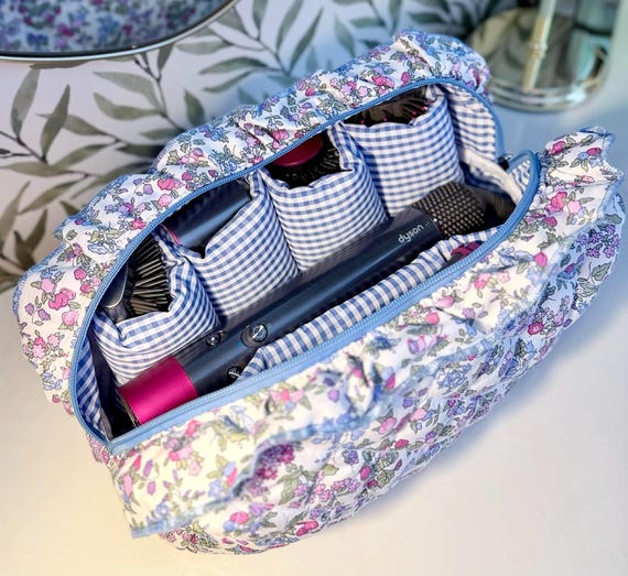 Floral Dyson Airwrap Travel Bag, Ruffle Trim Hair Tool Organiser with Padded Pockets, Makeup & Toiletry Bag, Gift For Her