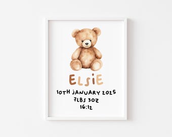 May include: A framed print featuring a watercolor illustration of a teddy bear in shades of brown. The name "Elsie" is written below the bear, along with the date, weight (7lbs 3oz), and time of birth. The frame is white.