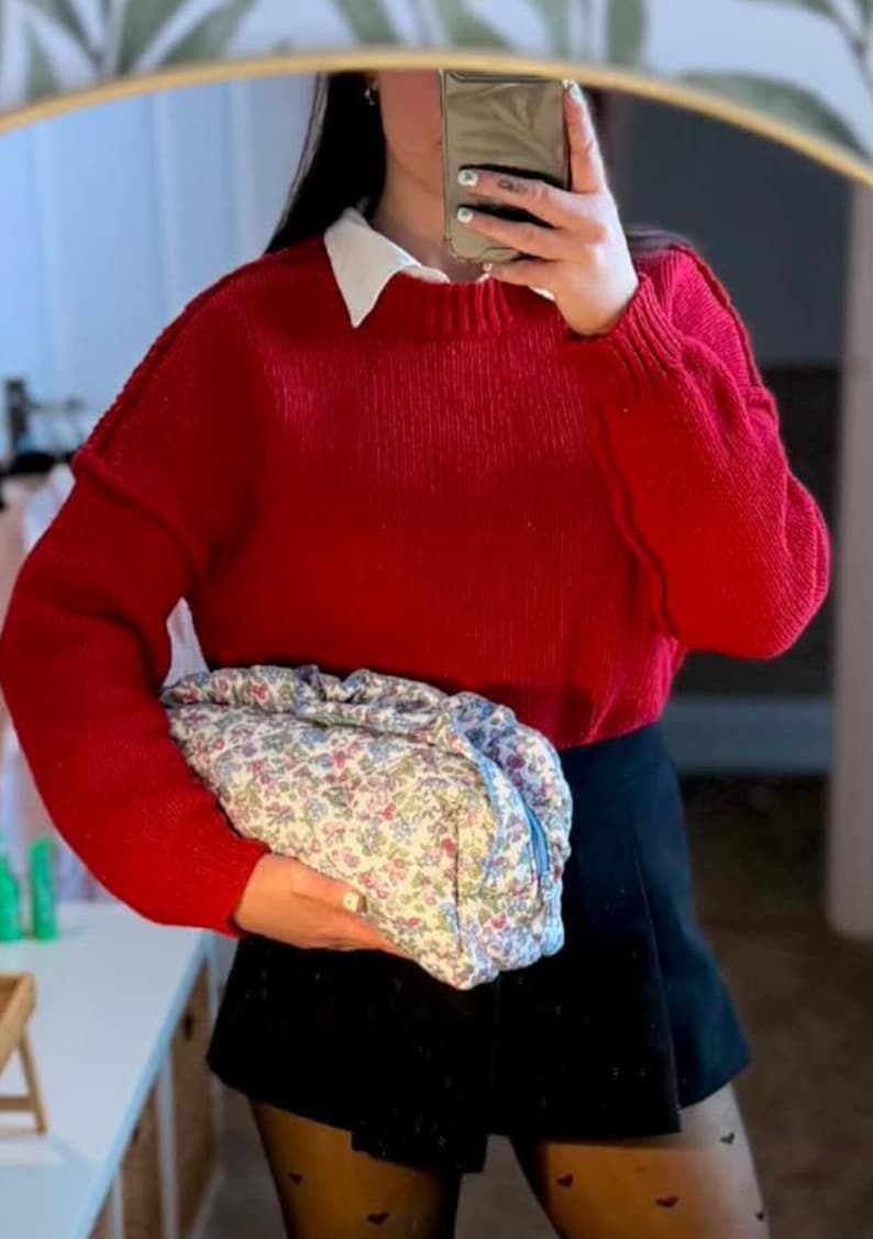May include: A person wearing a red sweater over a white collared shirt and a black skirt. They are holding a floral print bag with a blue zipper. The outfit is completed with patterned tights.