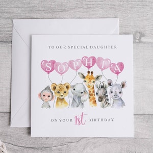 Safari Birthday Card, Personalised, Animal, Balloons, 1st, 2nd, 3rd, ANY age, Colour Options, Pink, Blue, Green, Multi