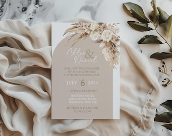 Boho Rustic Wedding Invitations, Pampas, Daytime Invite, Evening Invite, Digital File Ready To Print, A6