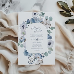 Bröllopsinbjudan med dammblå blommönster, A6 (digital fil)