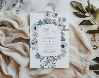 Dusty Blue Floral Wedding Invitations, Daytime Invite, Evening Invite, Digital File Ready To Print, A6