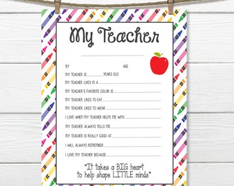 Crayons- All About My Teacher-Teacher Appreciation Printable-Digital File- End of Year Gift