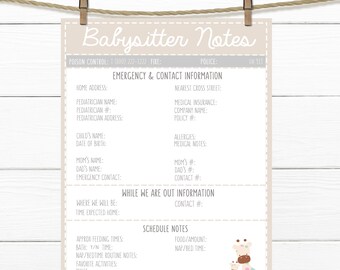 printable cute babysitter notes pink emergency contacts etsy cute babysitter
