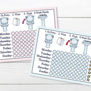 Puede incluir: Dos tablas de entrenamiento para ir al baño imprimibles, una rosa y otra azul, con ilustraciones de un inodoro, papel higiénico y un lavabo. Cada tabla tiene una cuadrícula de círculos para hacer un seguimiento del progreso y los días de la semana se enumeran en el lado izquierdo. La tabla rosa tiene el texto "1. Go Potty, 2. Wipe, 3. Flush, 4. Wash Hands". La tabla azul tiene el texto "1. Go Potty, 2. Wipe, 3. Flush, 4. Wash Hands" y cinco estrellas doradas.