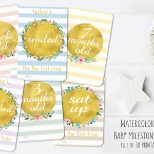 PLAQUETTES - fille aquarelle rayures étape carte ensemble bébé / / première année de bébé / / 30 pack