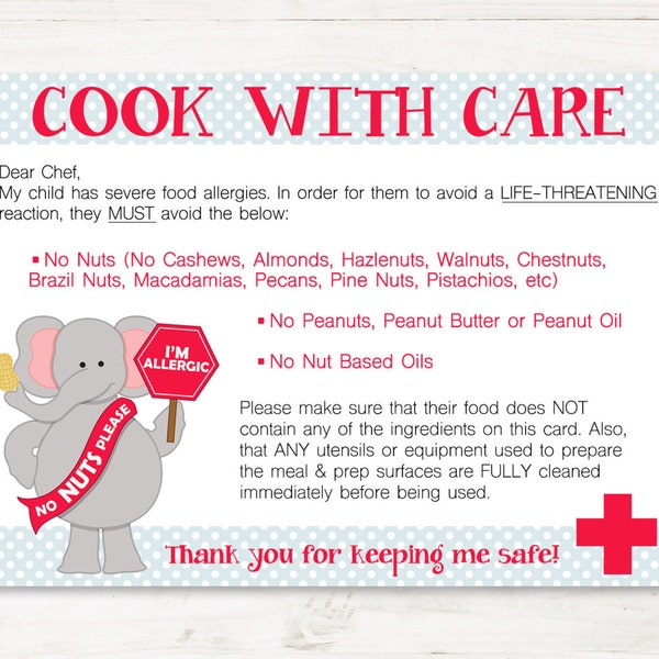 Nut Allergy Chef/Restaurant Cards for Child- Medical Alert Dining Card- Printable Food Allergy Card