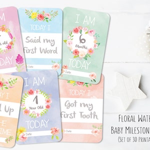 PLAQUETTES - Baby Girl Floral aquarelle Milestone Card Set / / première année de bébé / / 30 pack