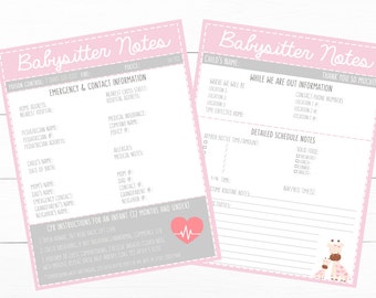 PRINTABLE- INFANT Pink Emergency Contacts & Schedule Information- Parent Babysitting Printable