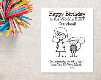 Birthday Coloring Printable- Boy & Grandma (long hair)- Birthday Card to Grandma from Grandson