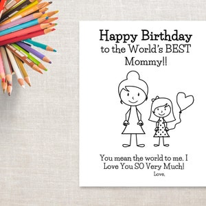 Coloração de aniversário para impressão - menina e mãe (com coque) - cartão de aniversário para a mamãe da filha