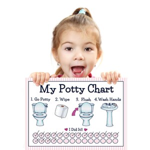 May include: A pink and white striped potty training chart with illustrations of a toilet, toilet paper, and a sink. The chart has the text "My Potty Chart" and a list of steps: "1. Go Potty", "2. Wipe", "3. Flush", "4. Wash Hands". There are 20 circles with checkmarks on the chart.