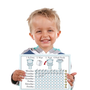 May include: A blue and white potty training chart with illustrations of a toilet, toilet paper, a hand washing sink, and a hand with soap. The chart has a checklist for each day of the week with checkmarks, sad faces, and stars.
