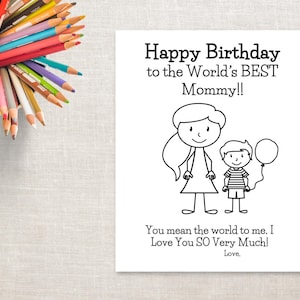 Para colorear de cumpleaños para imprimir - Boy & mamá (cola de caballo)-tarjeta de cumpleaños a la mamá del hijo de