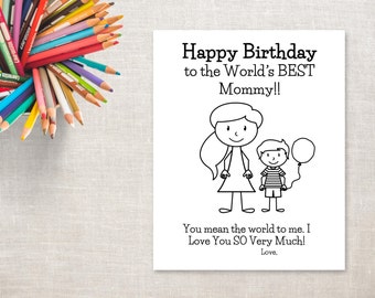 Birthday Coloring Printable- Boy & Mom (pony tail)- Birthday Card to Mommy from Son