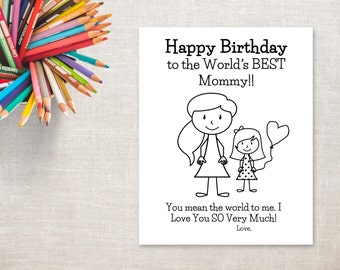 Birthday Coloring Printable- Girl & Mom (pony tail)- Birthday Card to Mommy from Daughter