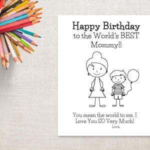 Cumpleaños para colorear para imprimir - día del niño y la mamá (con moño)-tarjeta del día de cumpleaños a mamá del hijo de