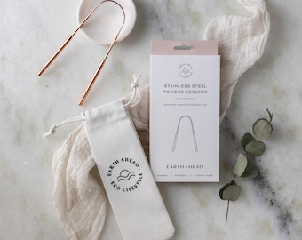 Stainless Steel Tongue Scraper with Cotton Travel Pouch | Silver and Rose Gold Ayurvedic Tongue Cleaner