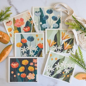 Floral Swedish Dishcloths Gift Set – 6 Reusable Cloths with Plantable Seed Sleeve | Eco Kitchen Gift, Hostess Gift | Paper Towel Alternative