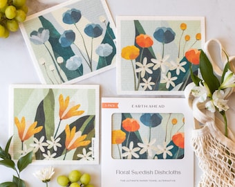 Floral Swedish Dishcloths Set of 3 | Reusable Paper Towels | Classic Floral Compostable Dish Cloths | Hostess, Eco Kitchen Gift