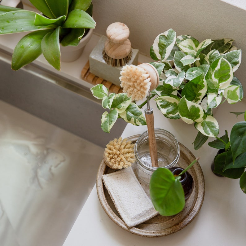 May include: A close-up of a set of cleaning supplies, including a wooden handled brush with natural bristles, a wooden handled brush with white bristles, a sponge, and a dish soap bottle. The cleaning supplies are arranged on a wooden tray with a white background.