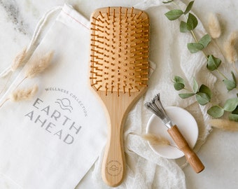 Bamboo Hair Brush With Cleaner in Cotton Pouch | Eco Friendly Large Square Paddle Brush