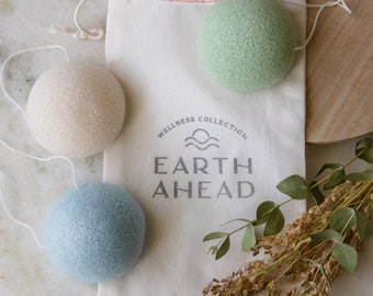Gift Set of 3 Konjac Facial Cleansing Sponges in Cotton Pouch | Plant-Based, Eco Friendly, Zero Waste, Vegan, Gentle, Exfoliating