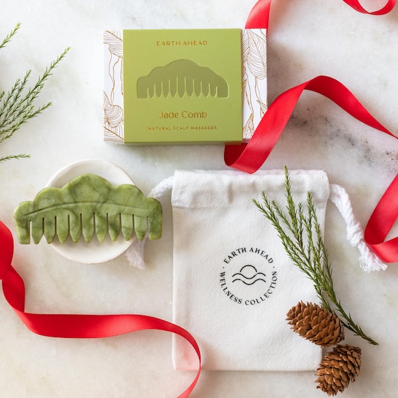 Jade Comb Scalp Massager – Natural Jade Stone Hair & Scalp Massage Tool | Relaxing Self-Care Gift in Luxury Box + Cotton Pouch