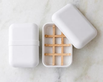 Travel Soap Case with Lid | Bamboo Fiber Soap Dish with Draining Grid | Soap Saver for Bar & Shampoo Bars | Eco Gift