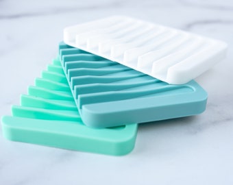 Self Draining Silicone Soap Dish | Waterfall Modern Simple Design Soap Holder for Solid Dish Soap & Bar Soap