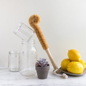 May include: A brown bottle brush with a wooden handle and the text "Earth Head" on the handle. The brush is next to a small potted succulent plant and three lemons on a white surface.