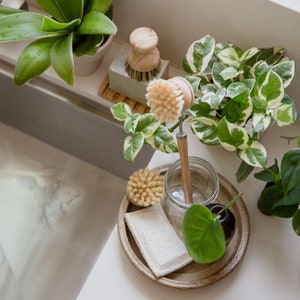 May include: A close-up of a wooden brush with natural bristles, a white sponge, and a glass jar with a wooden handle. The items are arranged on a light brown wooden tray with a white background.