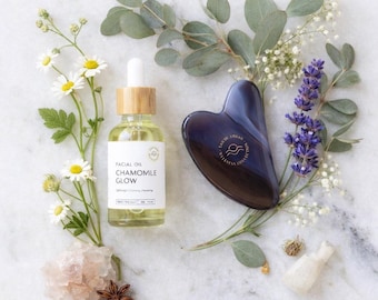 Gua Sha Tool + 10ml Chamomile Face Oil Set – Facial Massage, Lymphatic Drainage, Sculpting Skincare Gift, Clean Beauty Set