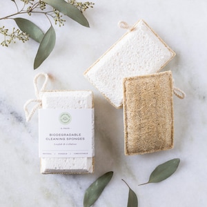 Compostable Cellulose Sponge with Loofah Scrubber – Eco Friendly Plastic Free Kitchen Cleaning Sponge with Cotton Loop Two-Pack (Save 10%)
