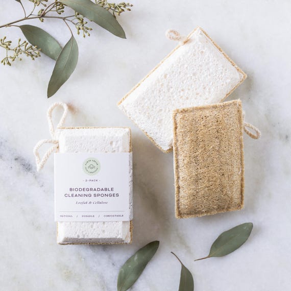 Compostable Cellulose Sponge with Loofah Scrubber – Eco Friendly Plastic Free Kitchen Cleaning Sponge with Cotton Loop