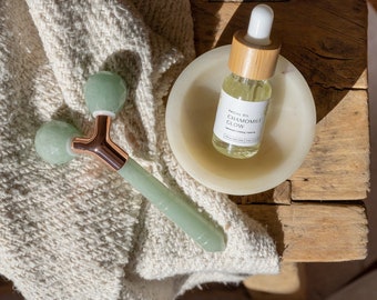 Aventurine Sculpting Face Roller + Chamomile Glow Facial Oil 10ml | Beauty Bundle, Wellness Gift