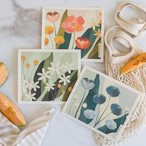 Floral Swedish Dishcloths 3-pack II | Reusable, Compostable, Absorbent Paper Towel Replacer for Eco Kitchen | Mother&#39;s Day, Hostess Gift
