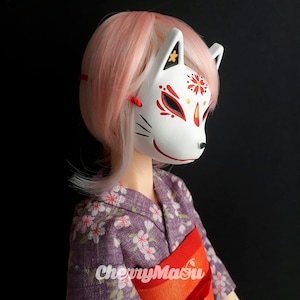 kitsune Japanese fox mask for Pullip dolls, Blythe, Dal, BJDs... Sakura pattern