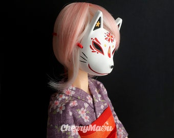 kitsune masque japonais renard pour poupées Pullip, Blythe, Dal, BJDs... Motif Sakura