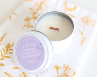 Hand-Poured Soy Candle - Lemon Lilac "Coming Home To A Clean House" Tin |  cozy scented candle gift natural candle handmade wood wick clean