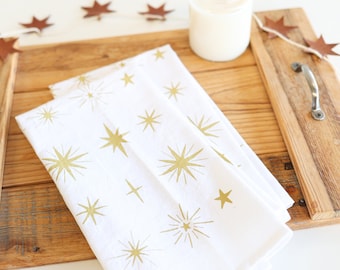 Starlight Pattern Tea Towel  |  Christmas star tea towel celestial stars gold stars new years eve party favor holiday hostess gift star art