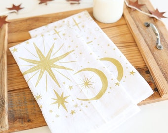 Starlight Tea Towel  |  Christmas star tea towel celestial stars gold stars new years eve party favor holiday hostess gift star decor