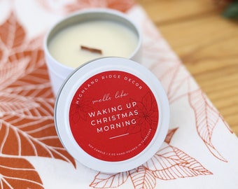 Hand-Poured Soy Candle - Warm Gingerbread "Waking Up Christmas Morning" Tin |  cozy scented candle gift handmade holiday Christmas candle