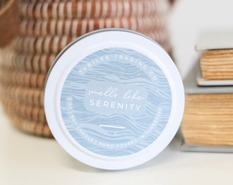 Serenity Candle Tin  |  handmade candle eucalyptus scented natural soy candle gift for him wooden wick clean burning soy candle sandalwood